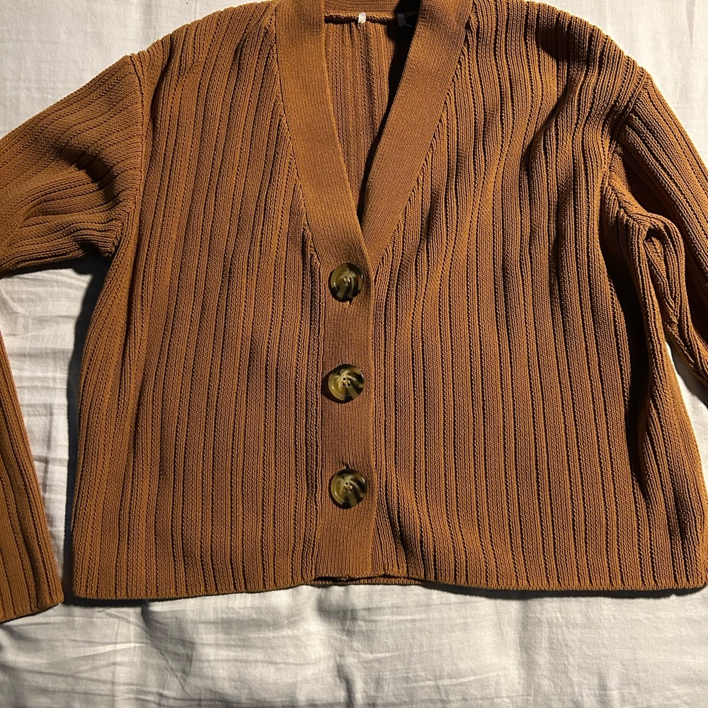 Source Unknown Brown Ribbed Cardigan Sweater